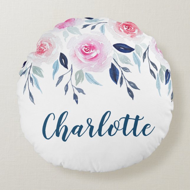 Coussins Ronds Floral rose Roses Aquarelle Nom personnalisé (Devant)