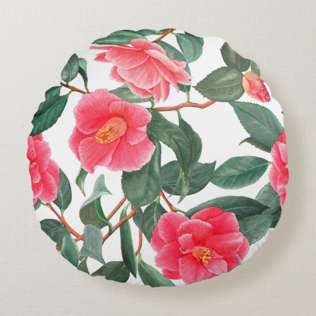Coussins Ronds Floral sans couture motif, fleurs de camélia rouge (Devant)