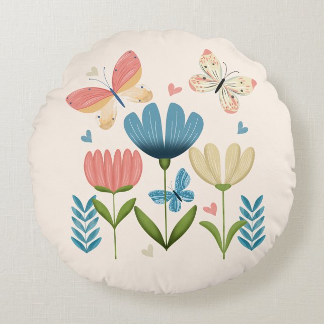 Coussins Ronds Flore dans les tons bleu et orange (Devant)