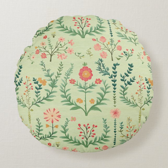 Coussins Ronds Flore folk vert pâle (Devant)
