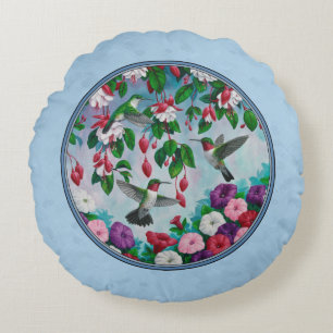 Coussins Ronds Flower Garden and Hummingbirds Blue