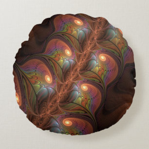Coussins Ronds Fluorescent coloré Abstrait Trippy Brown Fractal