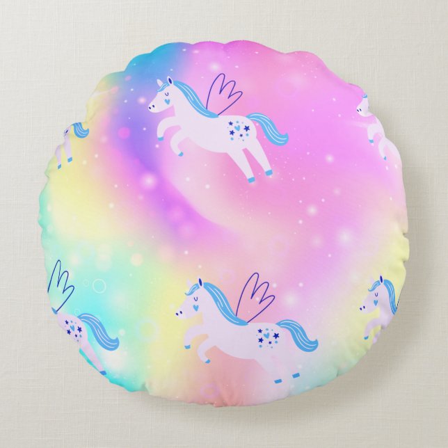 Coussins Ronds Flying Blue Unicorn Rainbow Lancer oreiller (Devant)