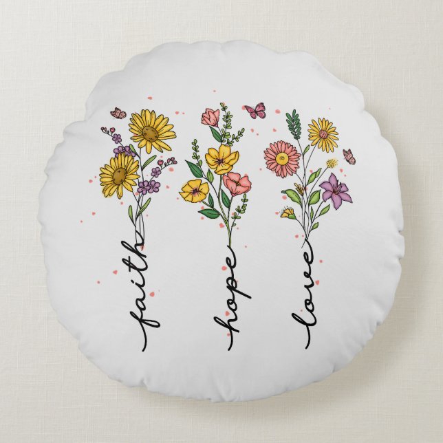 Coussins Ronds "Foi-Espoir-Amour" | Inspirant design floral (Devant)