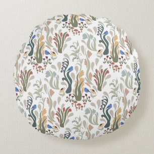 Coussins Ronds Folk Art Meadow & Blue Bird dans les tons terre