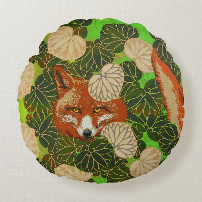 COUSSINS RONDS FOX ROUGE PARMI LES FEUILLES VERTS ET LE FOLIAGE (Devant)