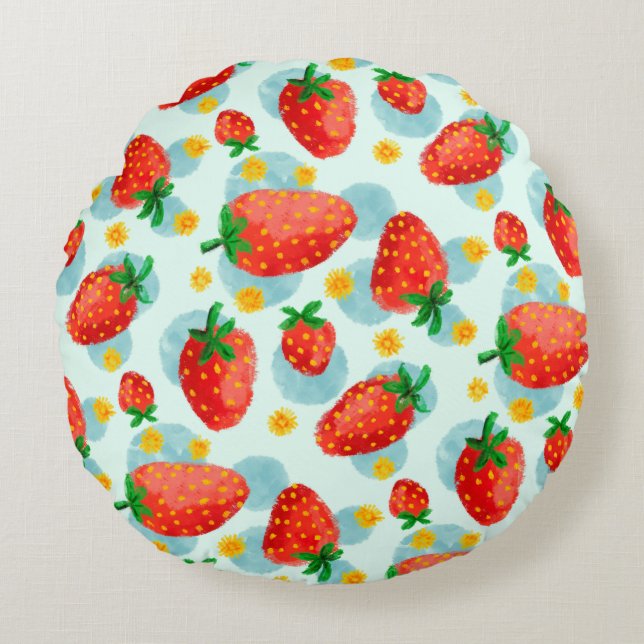 Coussins Ronds Fraises et marguerites Aquarelle bleue (Devant)