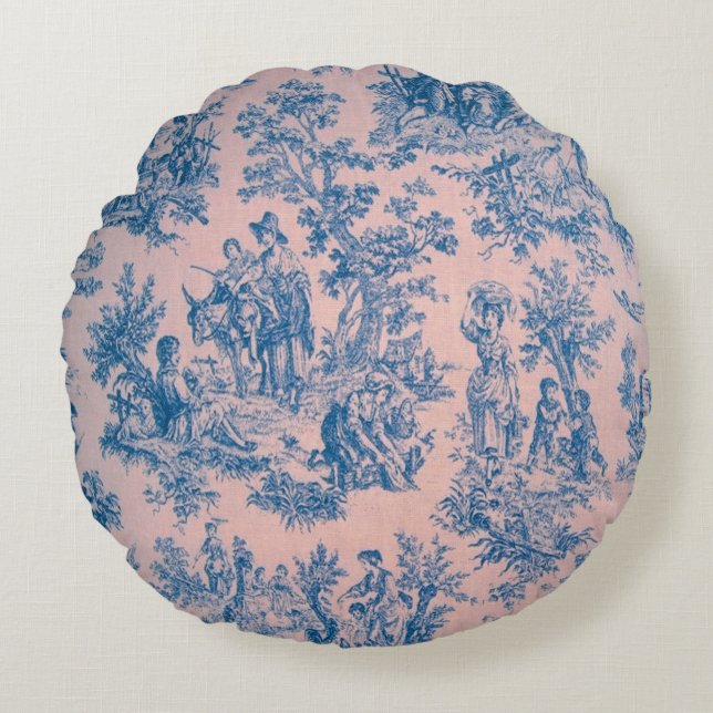 Coussins Ronds French toile de jouy rose et bleu élégant (Devant)