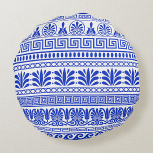 Coussins Ronds Fret grec, Motif méditerranéen, Bleu