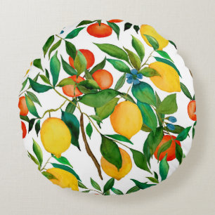 Coussins Ronds Fruits d'agrumes, motif d'aquarelle vibrante.