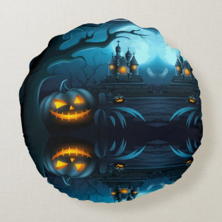 Coussins Ronds Fun Spooky Decor with Pumpkins,Ghosts & Witch Hats