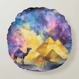 Coussins Ronds Galaxie désertique à l'aquarelle Chameau Pyramide