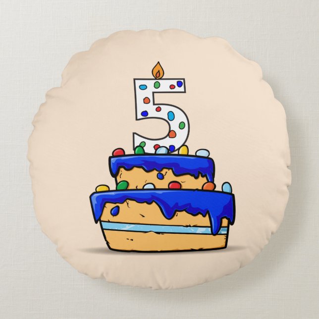 Coussins Ronds Garçon 5e anniversaire, 5 sur Gâteau bleu doux (Devant)