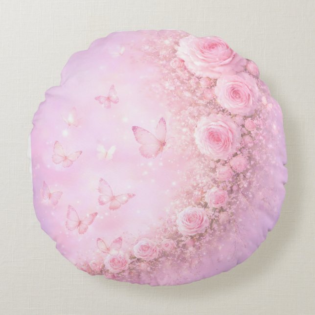 Coussins Ronds Gentle Floral Pattern – Soft Pink Roses with Soft  (Devant)