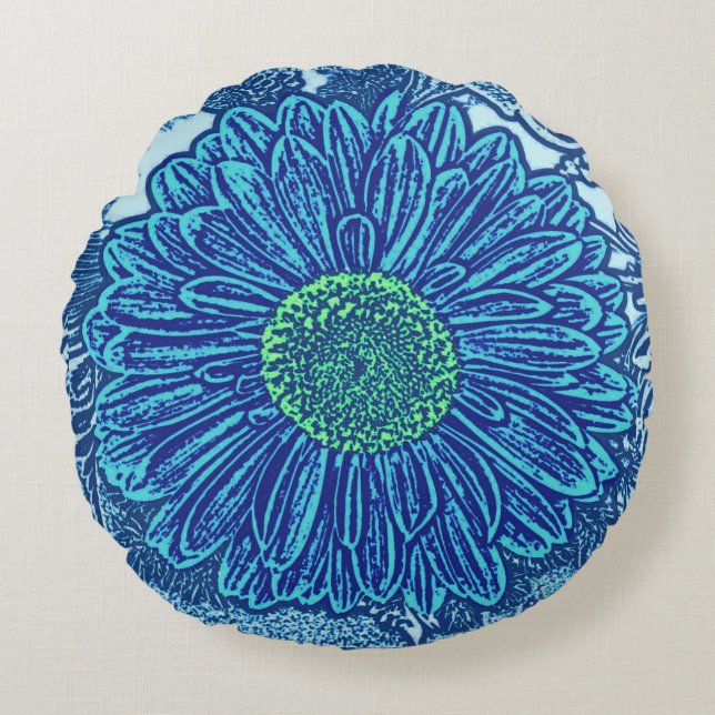 Coussins Ronds Gerbera Daisy Block Print, Cerulean & Indigo Blue (Devant)
