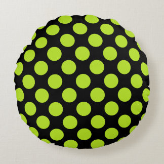 Coussins Ronds Giant Lime Green Polka Dots on Black Round Pillow