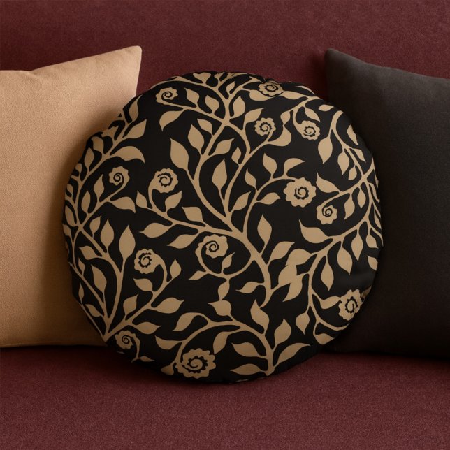 Coussins Ronds Gipsy Flèche Élégante Motif Floral Noir Beige (Créateur téléchargé)