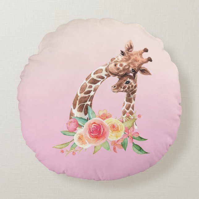 Coussins Ronds Girafe mignonne aquarelle maman et bébé (Devant)