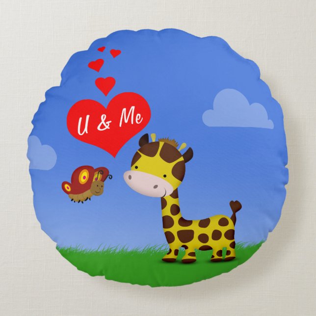 Coussins Ronds Giraffe et papillon en amour (Devant)