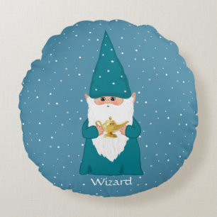 Coussins Ronds Gnome lutin heureux et lampe magique sur bleu saph