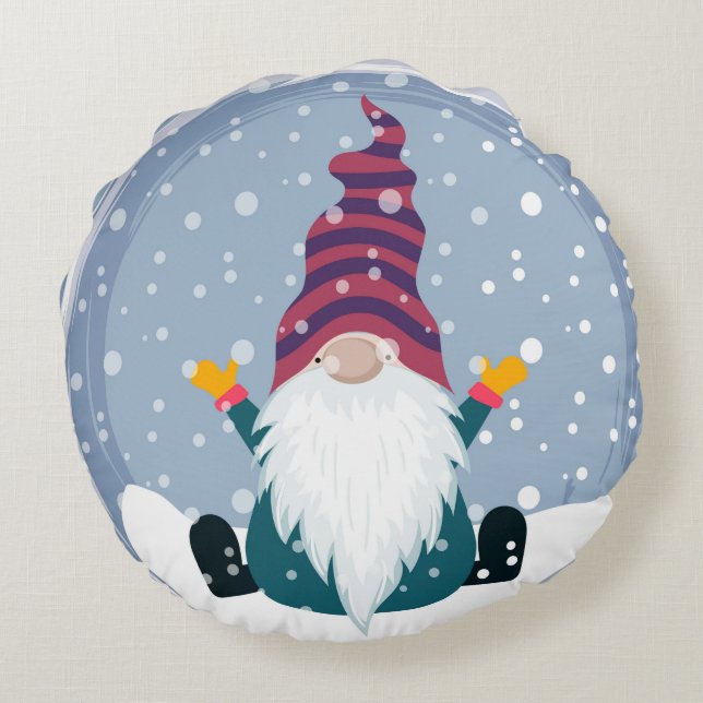 Coussins Ronds Gnome mignonne en chute de neige (Dos)