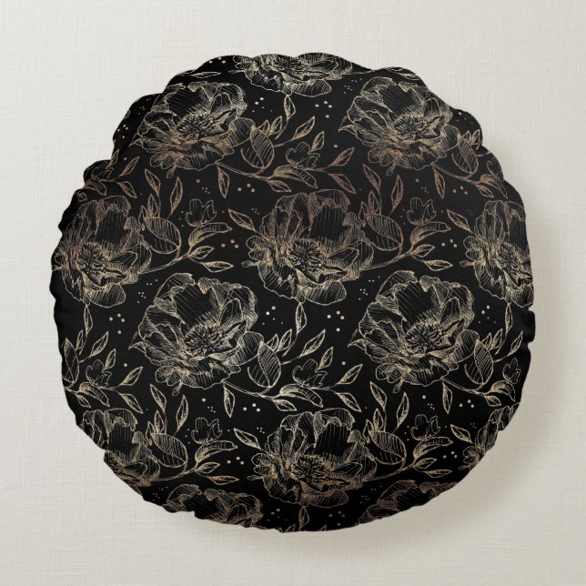 Coussins Ronds Gold Faux Elégant Main tiré Flore Cadeau Mariage (Devant)