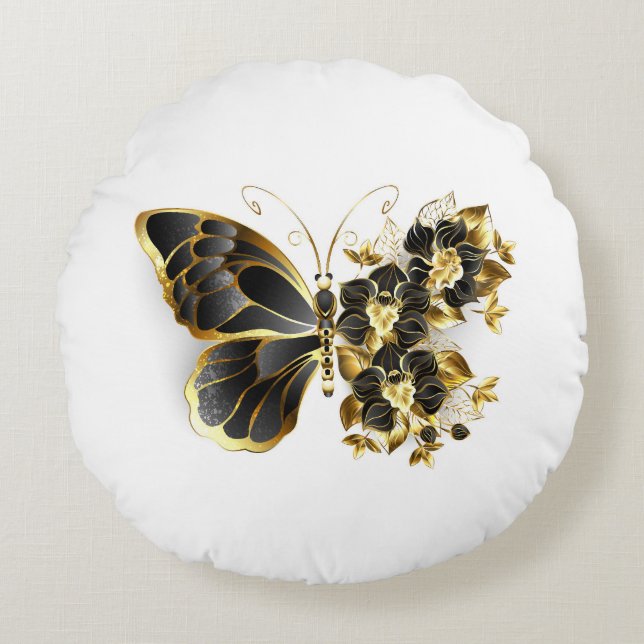 Coussins Ronds Gold flower Butterfly with Black Orchid (Devant)