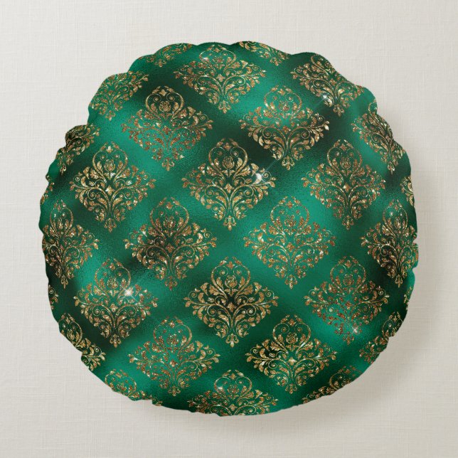 Coussins Ronds Gold Green Damask Elegant Chic Parties scintillant (Devant)