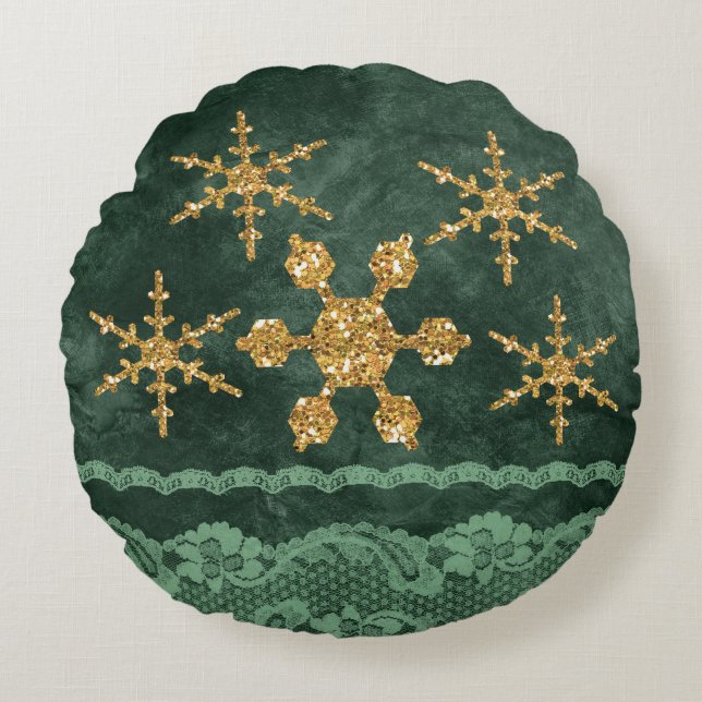 Coussins Ronds Golden Snowflakes Emerald Green Faux Lace (Devant)