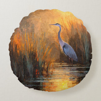 Coussins Ronds Golden Sunset Heron Autumn Watercolor Pillow