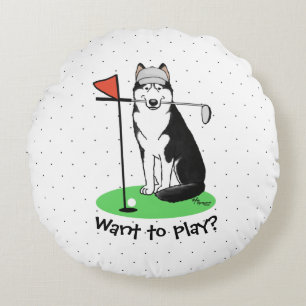 Coussins Ronds Golf Sibérien Husky (noir) Chien Jouant Mal Drôle