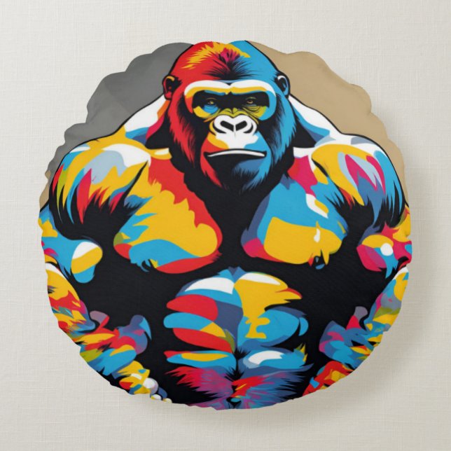 Coussins Ronds Gorilla Bodybuilder Poids Lifter Pop Art Cartoon (Devant)