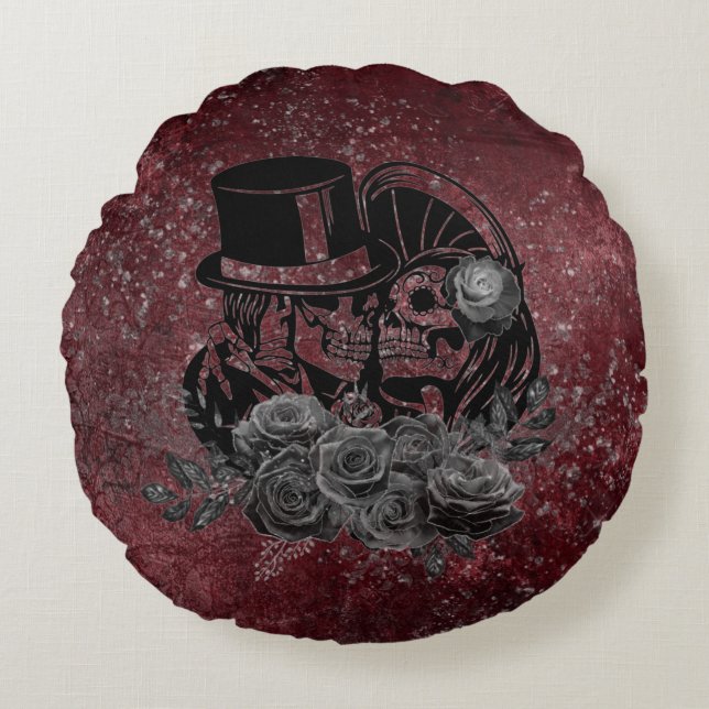 Coussins Ronds Gothique Kissing Skulls Couple Et Sang Rouge Étern (Devant)