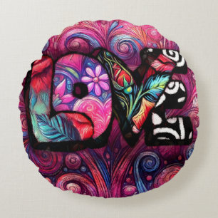 Coussins Ronds Graffiti Abstrait Love Word Valentine Floral Rose