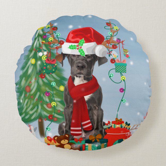 Coussins Ronds Grand chien Danois avec cadeaux de Noël (Devant)