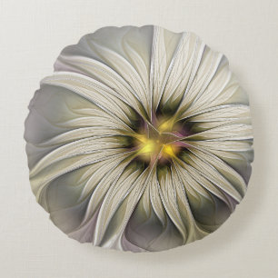 Coussins Ronds Grande Fleur d'ivoire, Abstrait Art Fractal Modern