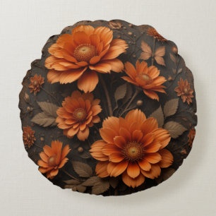Coussins Ronds Grandes fleurs d'oranges brûlées 3d victoriennes