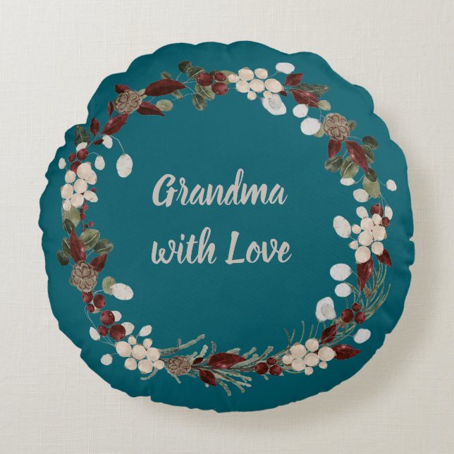 Coussins Ronds Grandma Christmas wreath on a rich teal  (Devant)