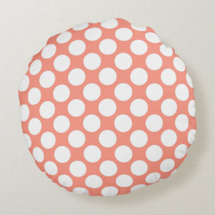 Coussins Ronds Grands points rétro - blanc et corail rose