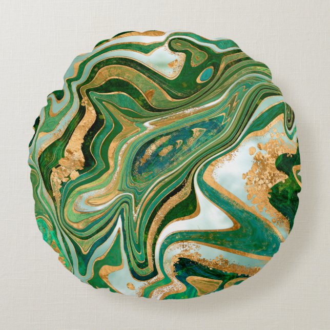 Coussins Ronds Green and gold liquid marble abstract (Devant)