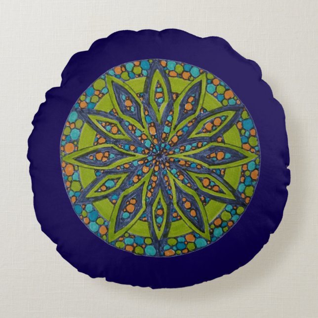 Coussins Ronds Green/Blue Starburst Mandala Round Throw Pillow (Devant)