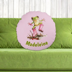 Coussins Ronds Grenouille en bottes roses mignonnes dans une flaq