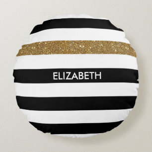 Coussins Ronds Grilles noires modernes FAUX Gold Glitz et nom
