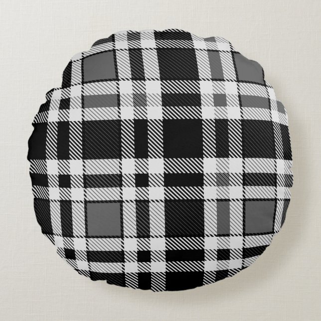 Coussins Ronds Gris Noir Blanc Flanné Plaid Tartan Design (Devant)