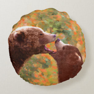 Coussins Ronds Grizzly Bear Mom and Cub Painting - Wildlife Art