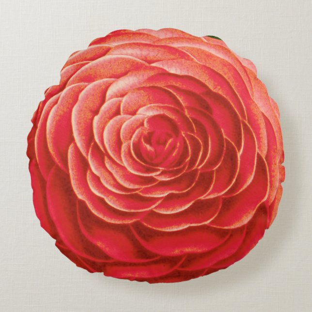 Coussins Ronds Grosse Fleur De Camellia, Corail Orange (Devant)