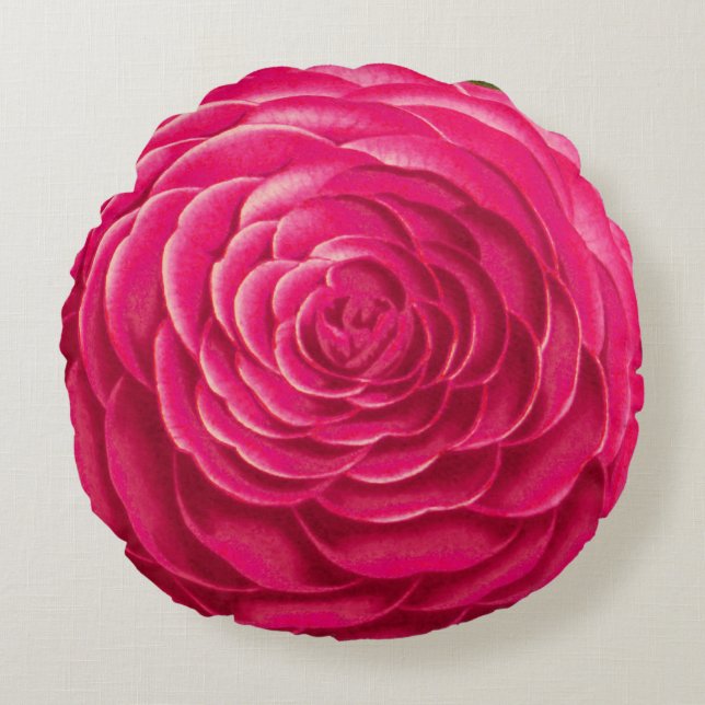Coussins Ronds Grosse Fleur De Camellia, Rose Fuchsia (Devant)