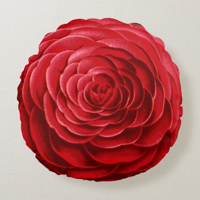 Coussins Ronds Grosse floraison de Camellia, tons rouge profond (Devant)