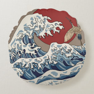 Coussins Ronds Grue et illustration de vague japonaise C traditio