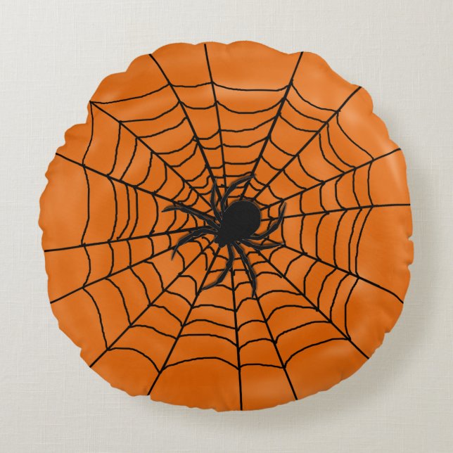 Coussins Ronds Halloween araignées Web avec araignée sur orange (Devant)